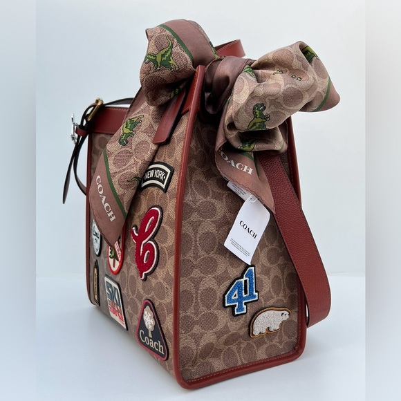 COACH Field Tote In Signature Jacquard Canvas With Patches & Rexy Scarf - Picture 4 of 12